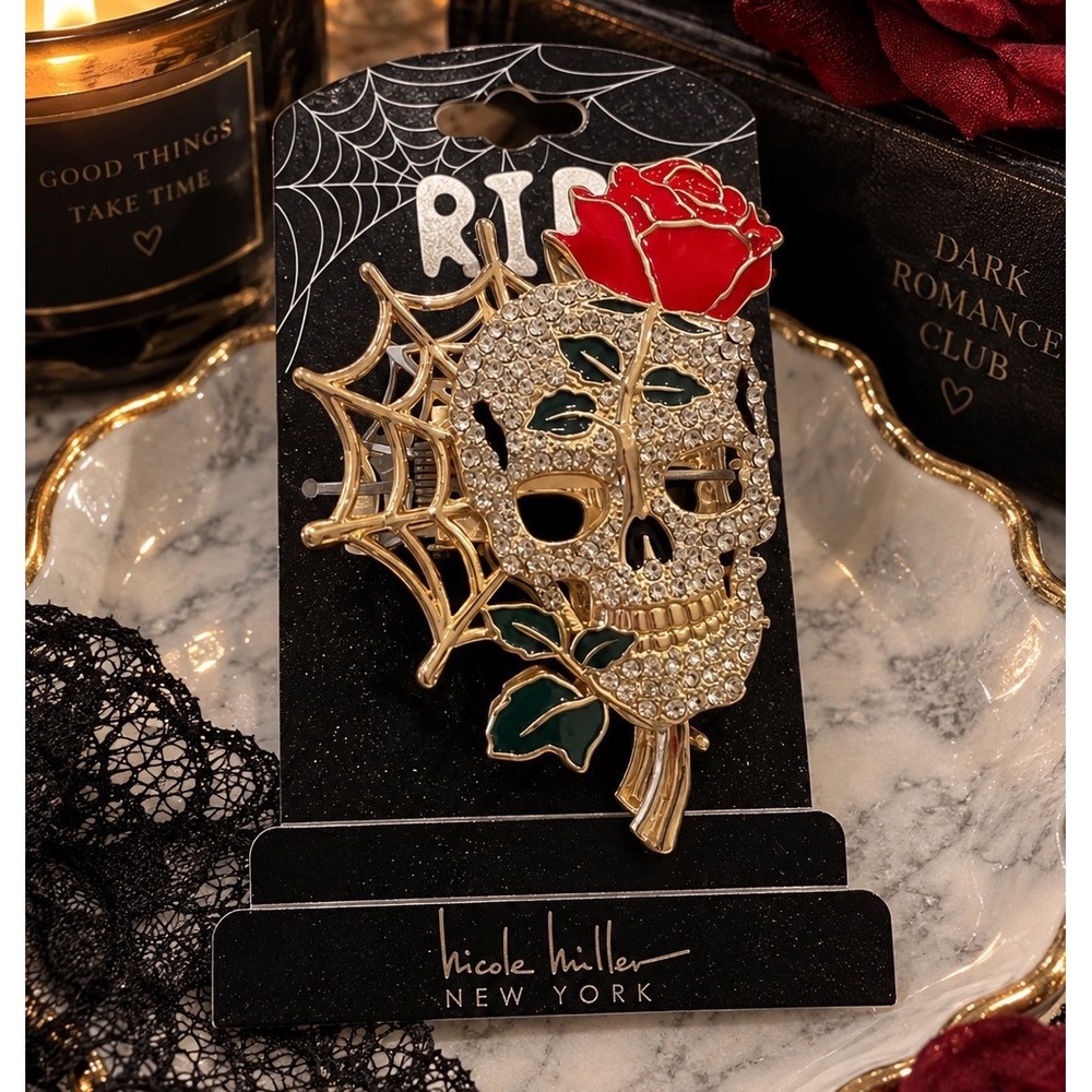 Nicole Miller New York Rhinestone Skull Rose Spiderweb Hair Clip Gold Tone NWT